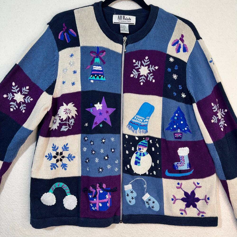 All Points Blue/Purple Checkered Zip-Up Ugly Christmas Sweater Cardigan X-Large